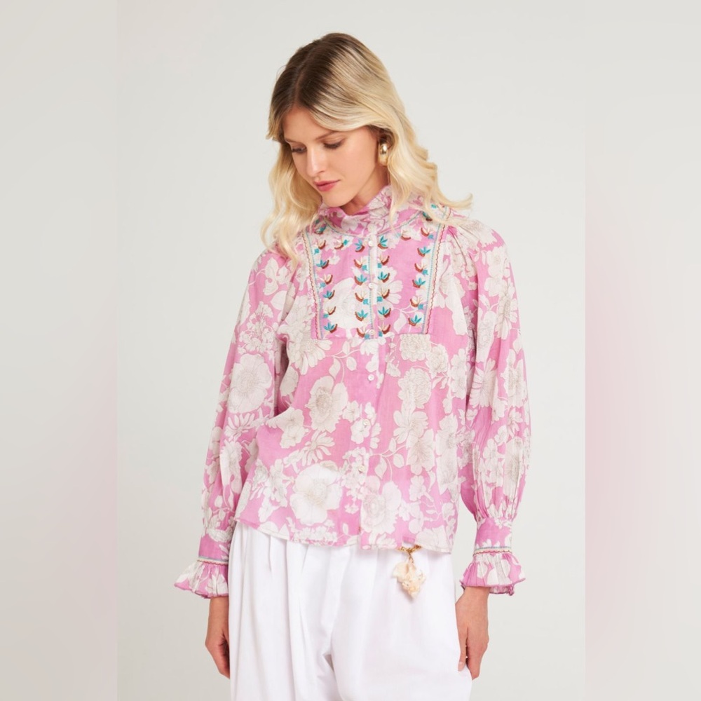 Antik Batik Pink and White Floral Button-Down Blouse